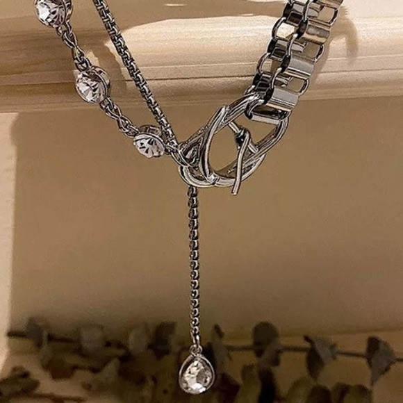 WHITE GOLD PLATED BUCKLE PUNK CHAIN RHINESTONE DROP CHOKER NECKLACE - Picture 6 of 9